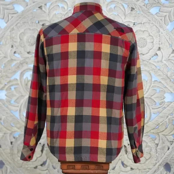 The North Face Plaid Quilted lined Flannel Shirt Jacket S Red Gray Tan Snap - Picture 7 of 8